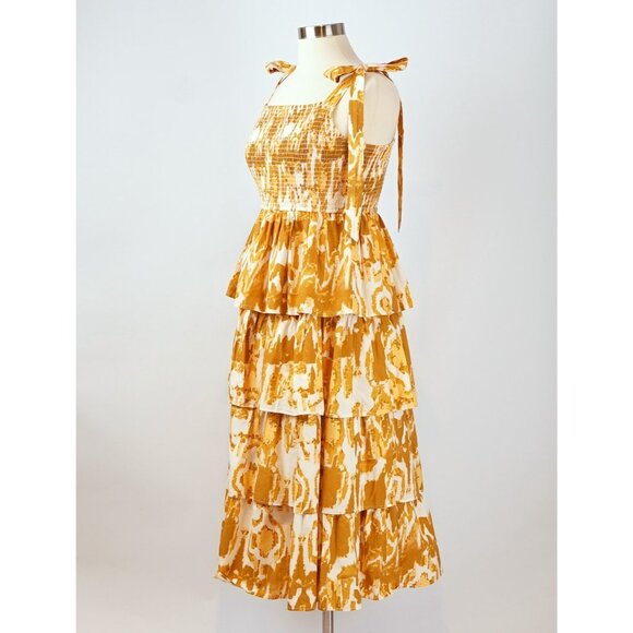 Cleobella Shae Midi Dress Yellow Watercolor Ikat Print - Size Medium - Picture 2 of 7